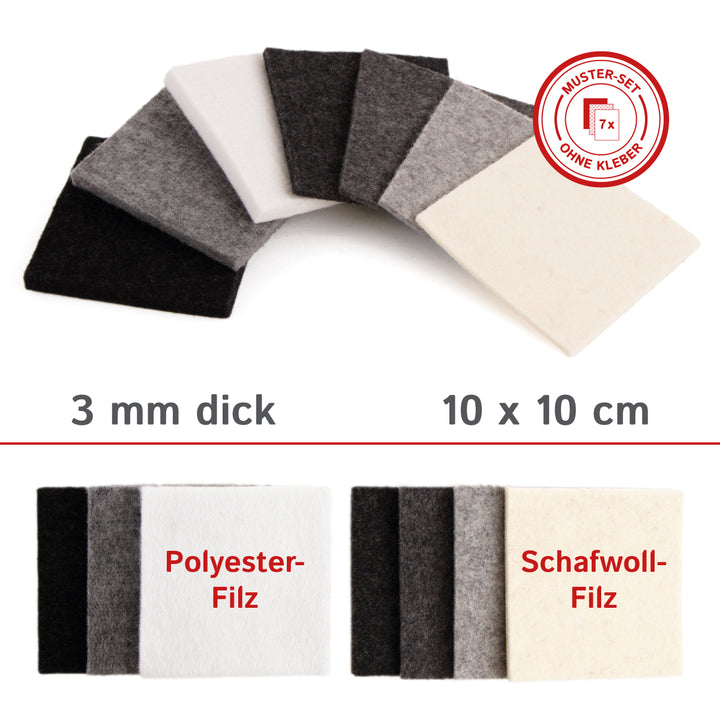 Zestaw próbek filcu akustycznego - 4 próbki, filc wełniany wykonany w 100% z wełny owczej, samoprzylepny lub bez kleju, grubość ok. 4,5 mm