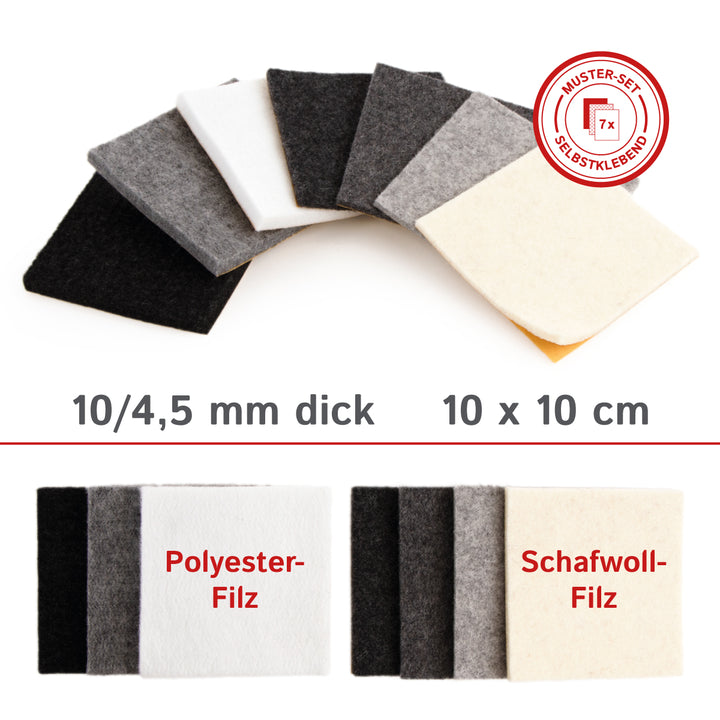 Zestaw próbek filcu akustycznego - 4 próbki, filc wełniany wykonany w 100% z wełny owczej, samoprzylepny lub bez kleju, grubość ok. 4,5 mm