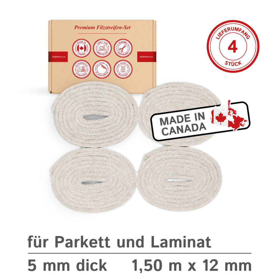 Filzstreifen selbstklebend 12mm breit, 1,5m lang, 5mm dick - 4 Rollen