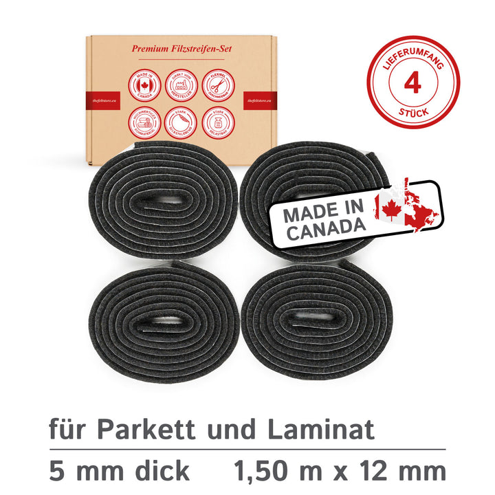 Filzstreifen selbstklebend 12mm breit, 1,5m lang, 5mm dick - 4 Rollen