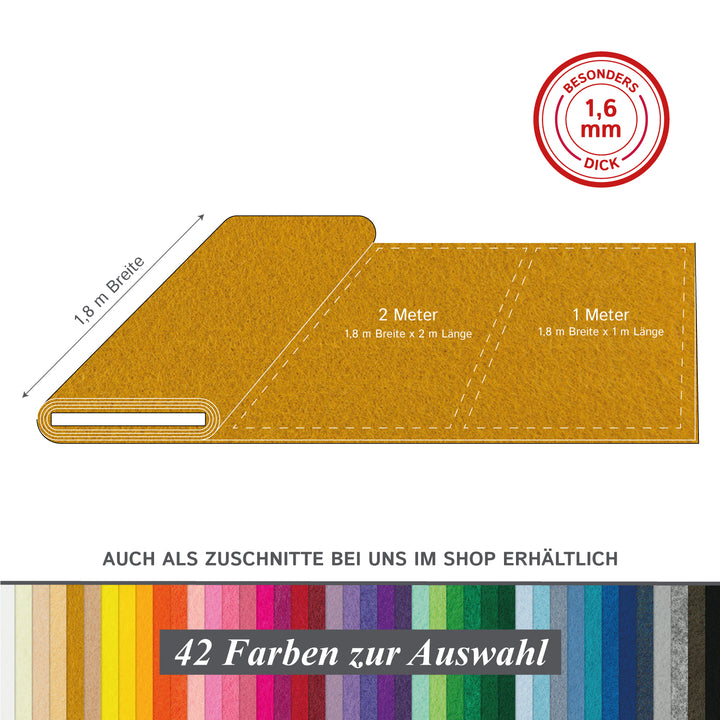 Bastelfilz Meterware 1,80m breit, 1,6mm dick, Filzstoff zum Basteln & Nähen mit Kindern, verschiedene Farben zur Auswahl