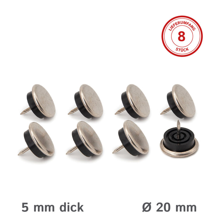 Round metal glides with nail and rubber buffer