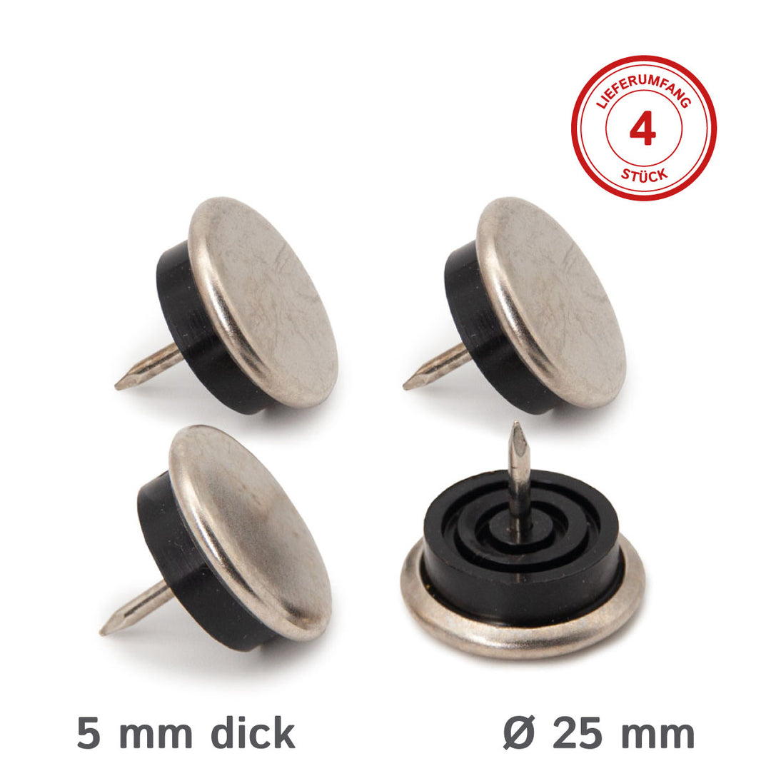 Round metal glides with nail and rubber buffer