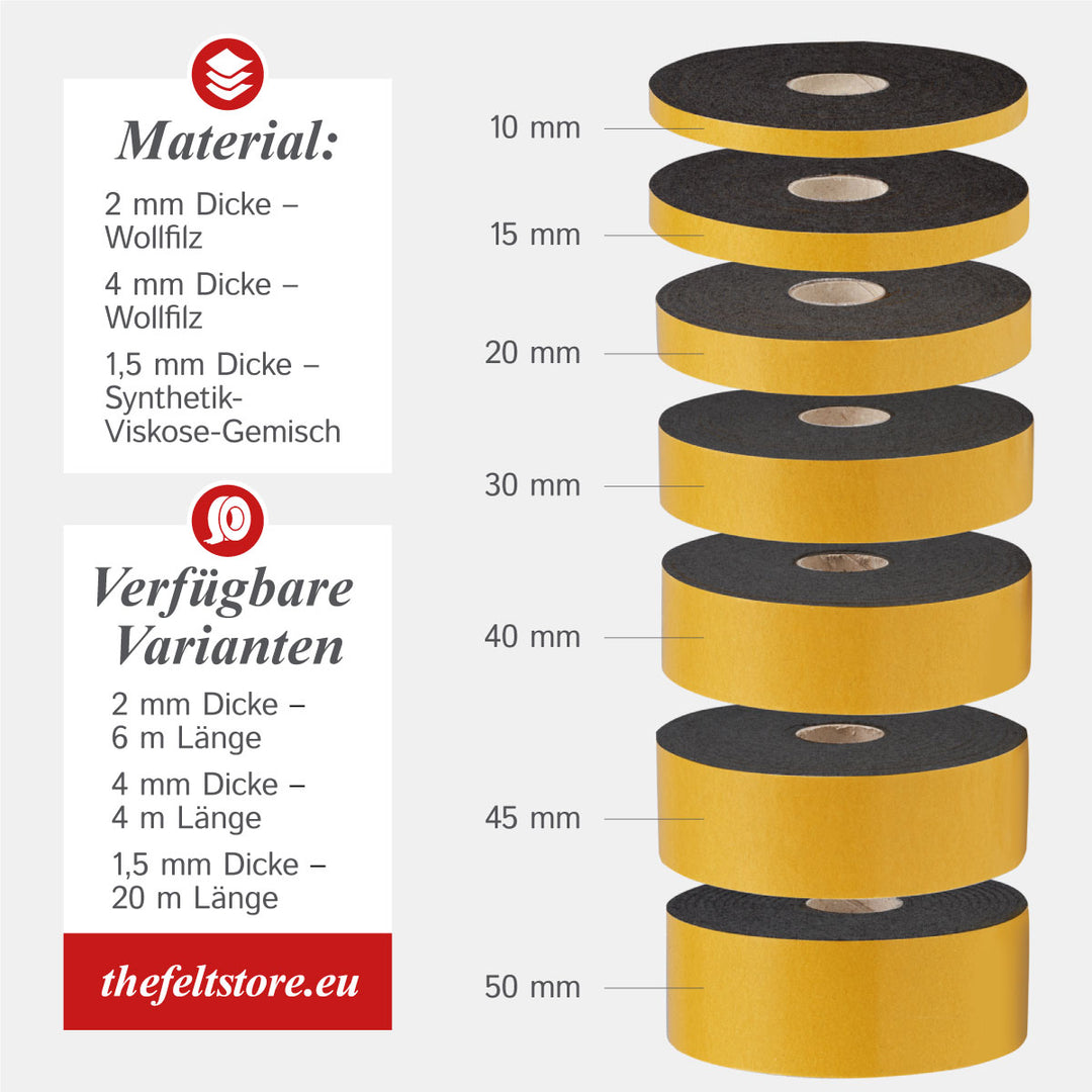 Filzband selbstklebend 10 mm breit, 1,5 mm dick, 20 m lang - vielseitiger Filzstreifen aus Wolle und Viskose