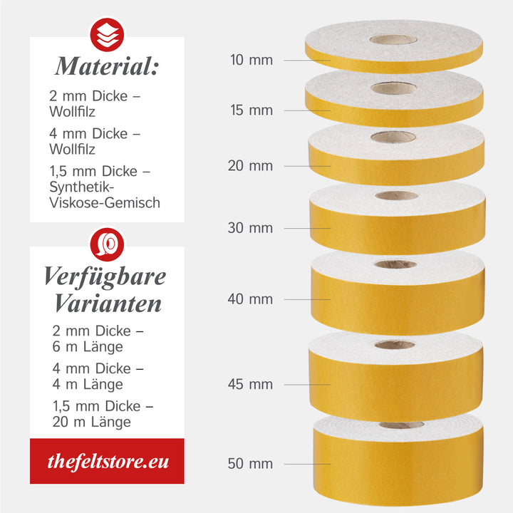 Filzband selbstklebend 10 mm breit, 1,5 mm dick, 20 m lang - vielseitiger Filzstreifen aus Wolle und Viskose