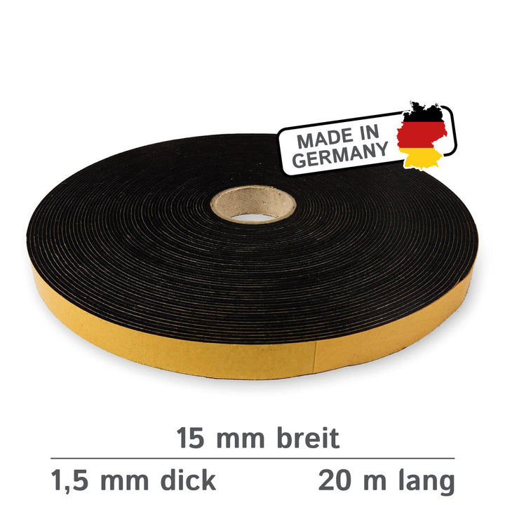 Self-adhesive felt tape 15mm wide, 1.5mm thick, 20m long, black or white (felt adhesive tape, felt strips, adhesive felt on a roll)