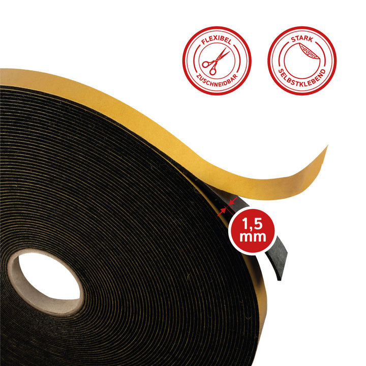 Self-adhesive felt tape 15mm wide, 1.5mm thick, 20m long, black or white (felt adhesive tape, felt strips, adhesive felt on a roll)