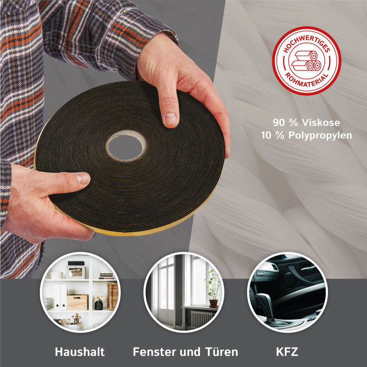 Self-adhesive felt tape 15mm wide, 1.5mm thick, 20m long, black or white (felt adhesive tape, felt strips, adhesive felt on a roll)