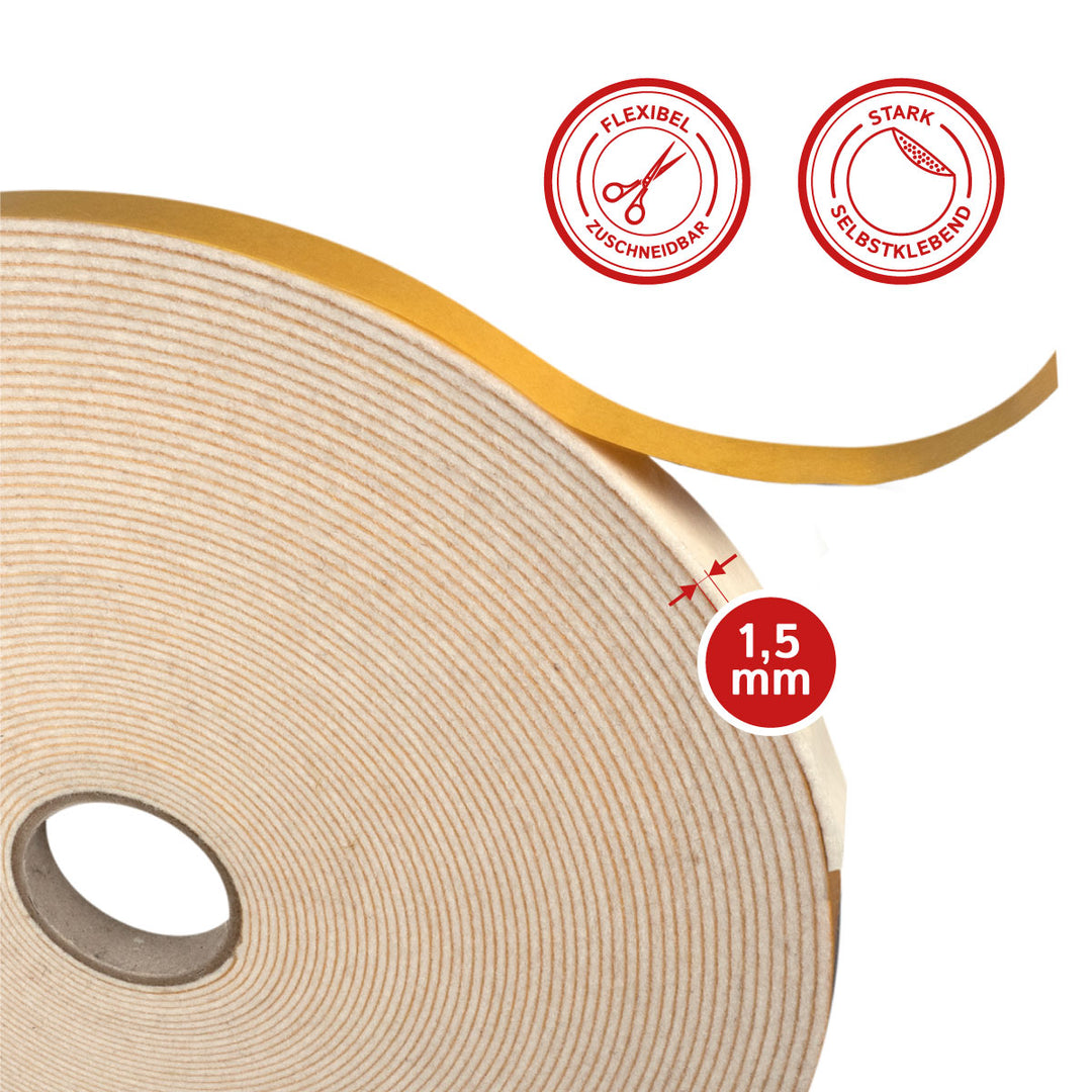 Self-adhesive felt tape 15mm wide, 1.5mm thick, 20m long, black or white (felt adhesive tape, felt strips, adhesive felt on a roll)