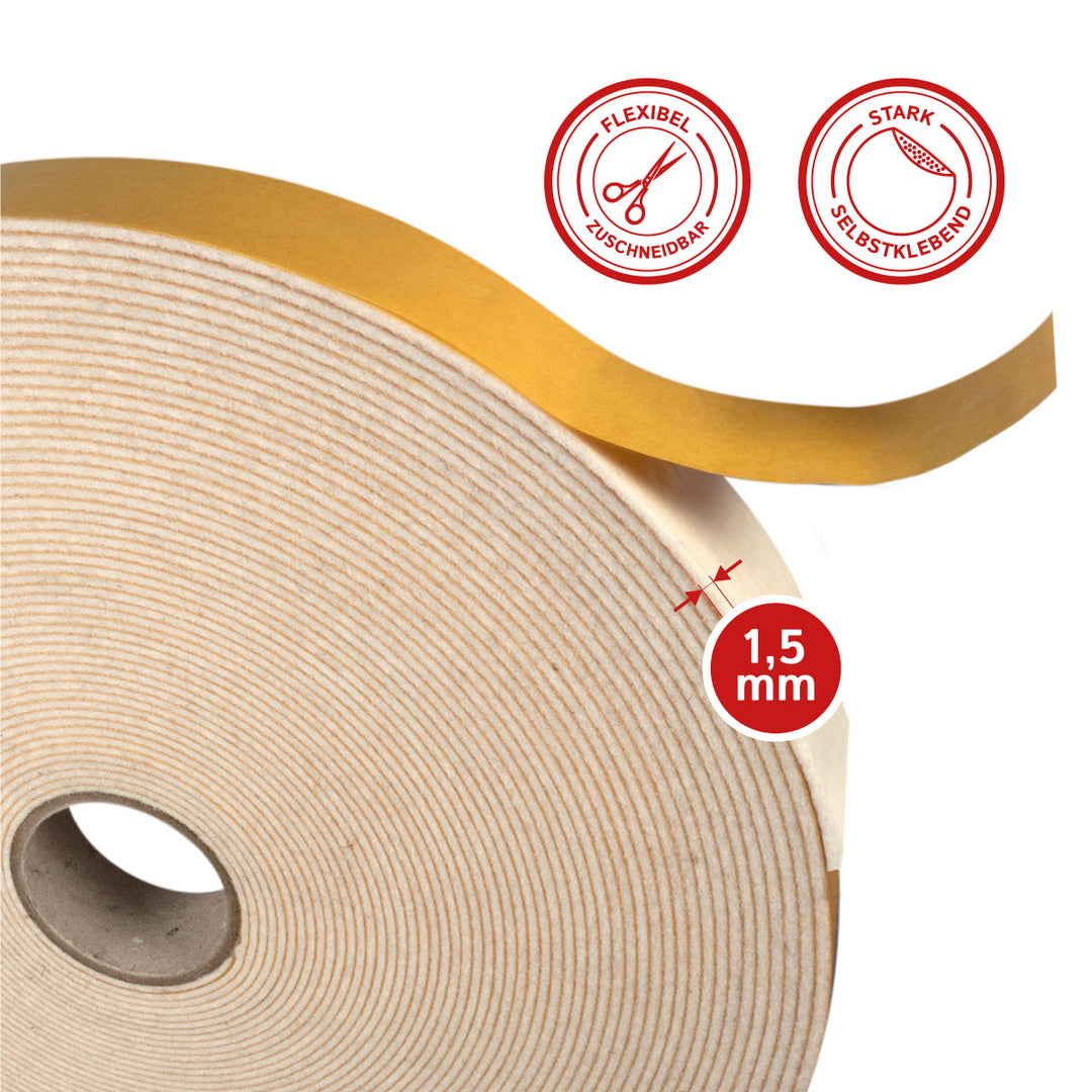 Filzband selbstklebend 30 mm breit, 1,5 mm dick, 20 m lang - vielseitiger Filzstreifen aus Wolle und Viskose