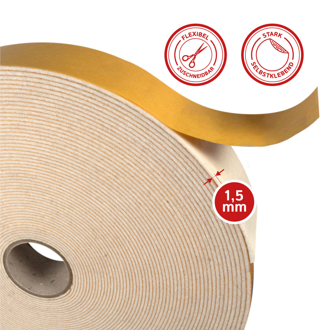 Filzband selbstklebend 40 mm breit, 1,5 mm dick, 20 m lang - vielseitiger Filzstreifen aus Wollfilz und Viskose