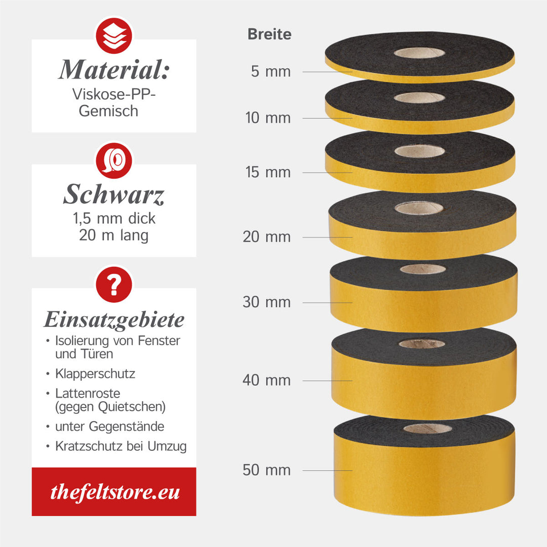 Self-adhesive felt tape 40mm wide, 1.5mm thick, 20m long, black or white (felt adhesive tape, felt strips, adhesive felt on a roll)