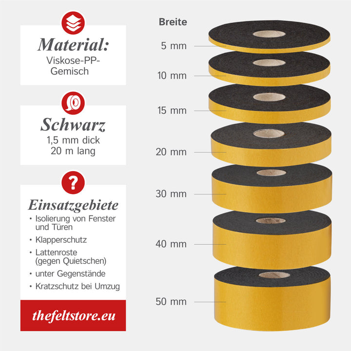 Self-adhesive felt tape 40mm wide, 1.5mm thick, 20m long, black or white (felt adhesive tape, felt strips, adhesive felt on a roll)