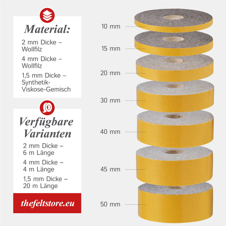 Ruban feutre autocollant largeur 10 mm, épaisseur 2 mm ou 4 mm, gris chiné (ruban adhésif feutre, bandes de feutre, feutre adhésif en rouleau)