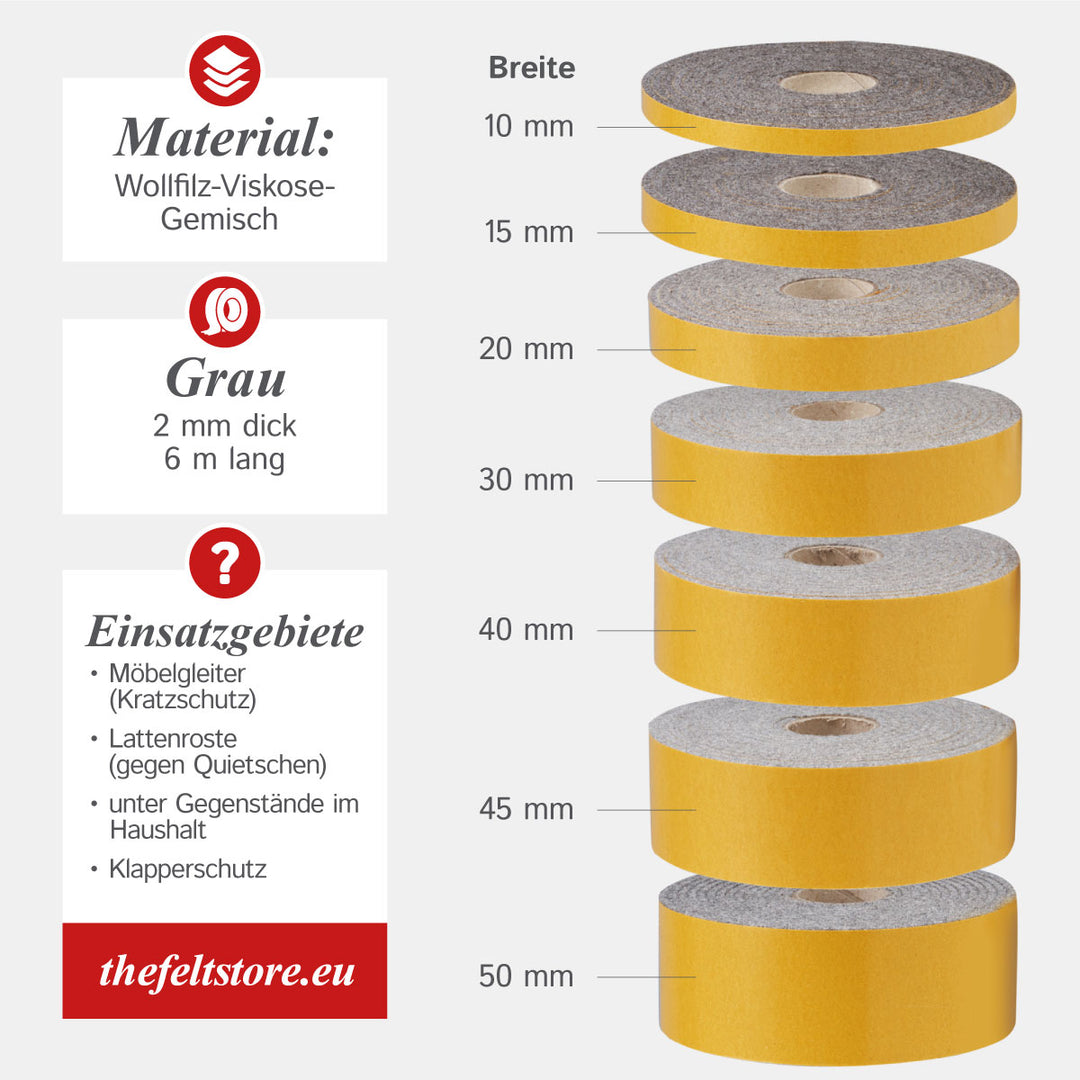 Filzband selbstklebend 10mm breit, 2mm oder 4mm dick, grau meliert (Filz Klebeband, Filzstreifen, Klebe Filz auf Rolle)