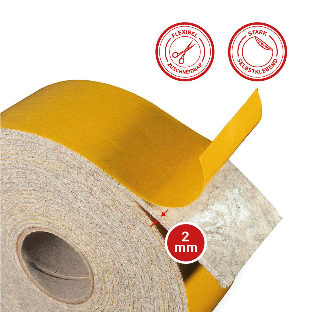 Self-adhesive felt tape 15mm wide, 2mm or 4mm thick, mottled gray (felt adhesive tape, felt strips, adhesive felt on a roll)