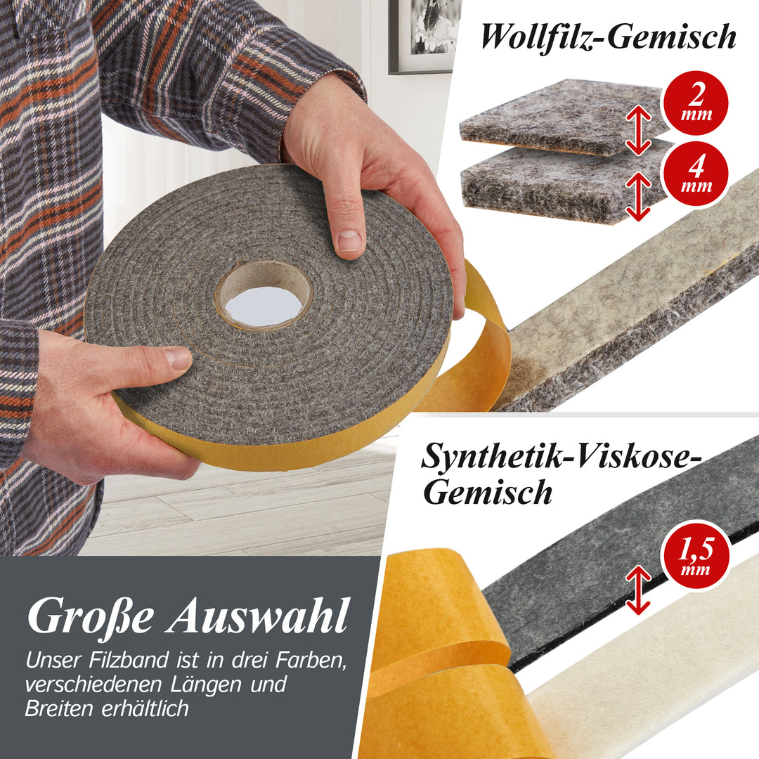 Self-adhesive felt tape 15mm wide, 2mm or 4mm thick, mottled gray (felt adhesive tape, felt strips, adhesive felt on a roll)