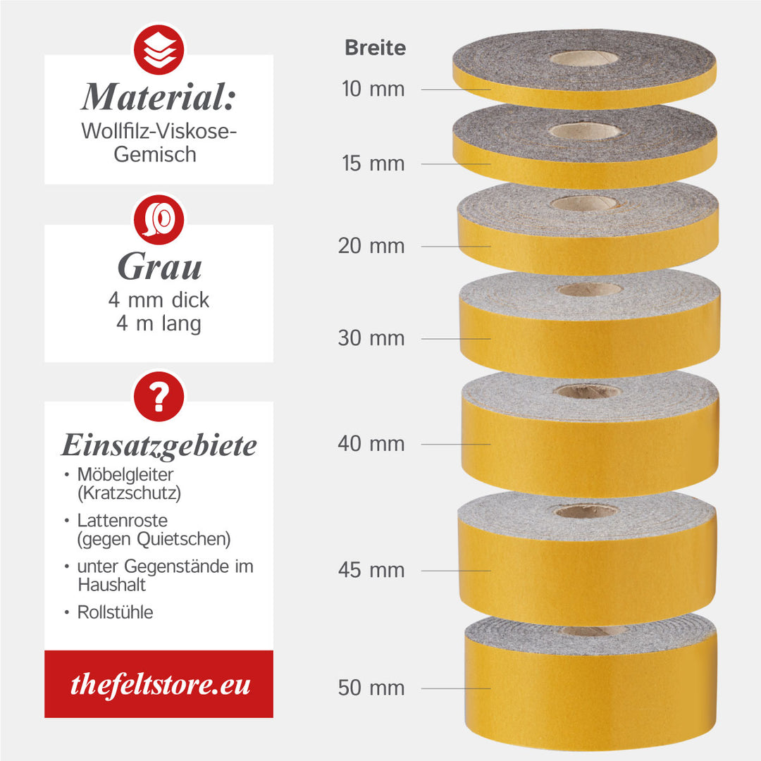 Filzband selbstklebend 30mm breit, 2mm oder 4mm dick, grau meliert (Filz Klebeband, Filzstreifen, Klebe Filz auf Rolle)