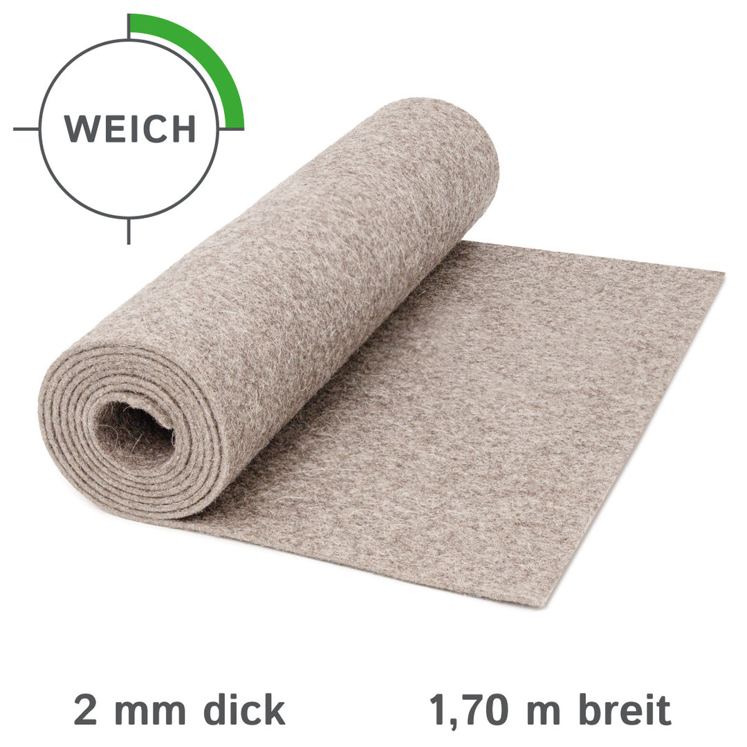 Wool felt by the meter, 2 mm thick, 1.70 m wide (soft 0.20 kg/cdm), thin felt on a roll