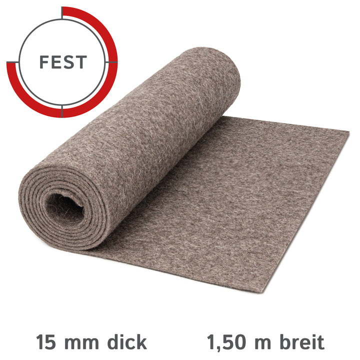 Wollfilz Meterware 15mm dick, 1,50m breit (fest 0,36 kg/cdm), dicker Filz auf Rolle