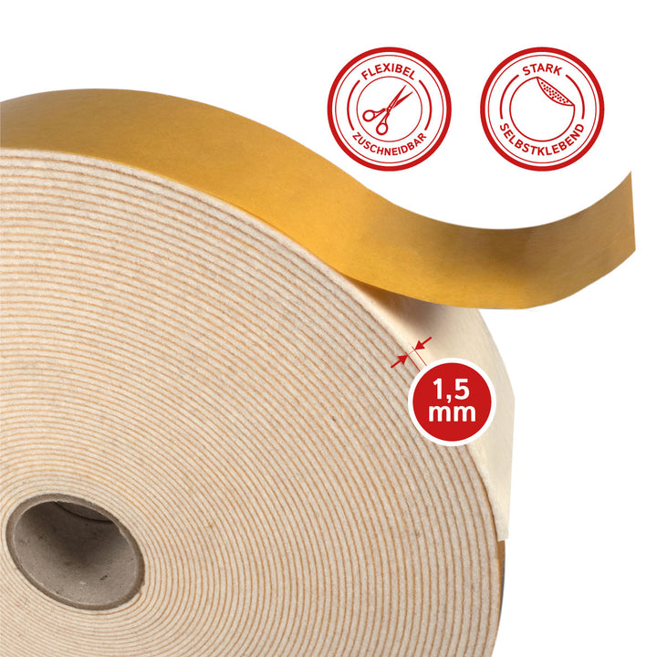 Filzband selbstklebend 50 mm breit, 1,5 mm dick, 5 m lang - vielseitiger Filzstreifen aus 90% Viskose und 10% Polypropylen