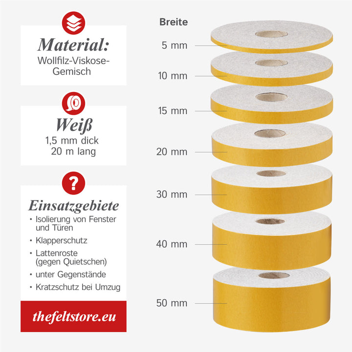 Self-adhesive felt tape, 5mm wide, 1.5mm thick, 20m long