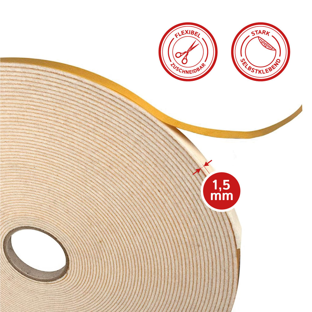 Self-adhesive felt tape, 5mm wide, 1.5mm thick, 20m long