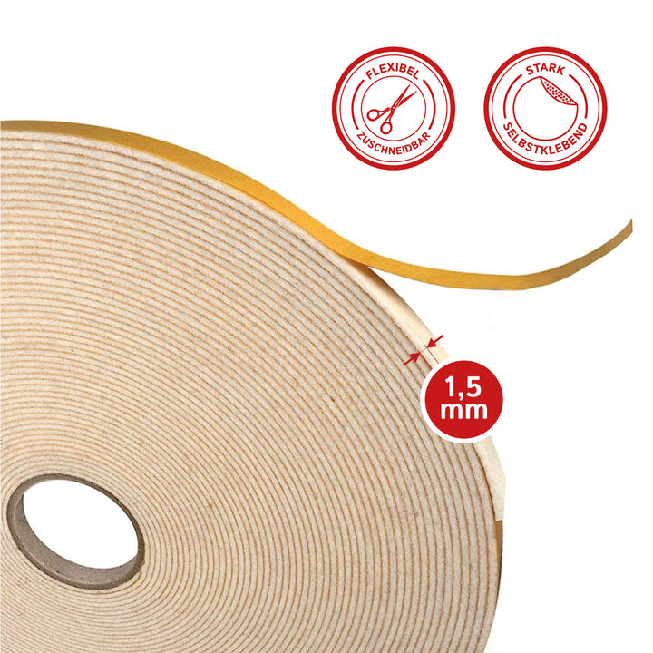 Self-adhesive felt tape, 5mm wide, 1.5mm thick, 20m long