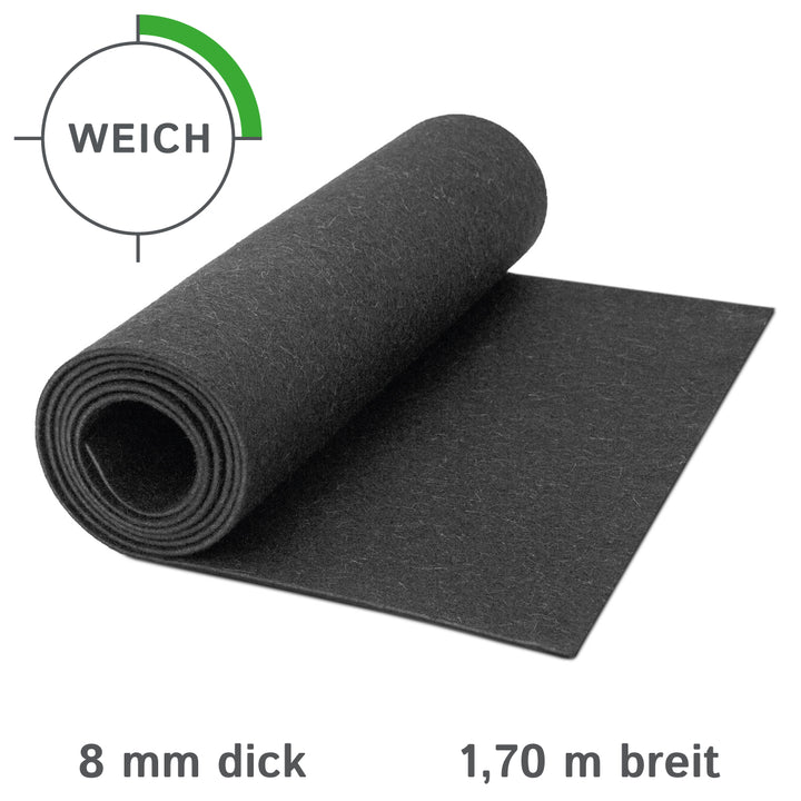 Wollfilz Meterware 8mm dick, 1,70m breit (NF285 - weich 0,20 kg/cdm)